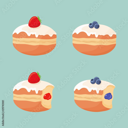 Set of deep fried cute yummy donuts (doughnuts) without holes with strawberries, blueberries, icing on top, with missing bites and berry jelly filling, isolated on background. Vector illstration.