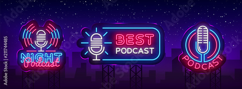 Podcast Neon sign collection vector design template. Podcast neon logo, light banner design element colorful modern design trend, night bright advertising, bright sign. Vector illustration. Billboard