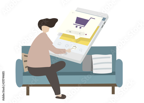 Illustration of a character online shopping