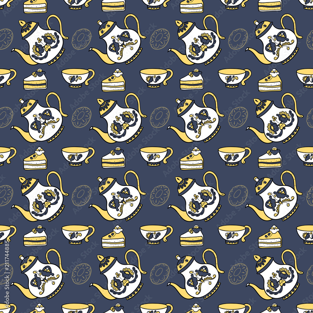 Seamless pattern with teapots, cups and confection in blue-yellow tones Seamless pattern with teapots, cups and confection in blue-yellow tones