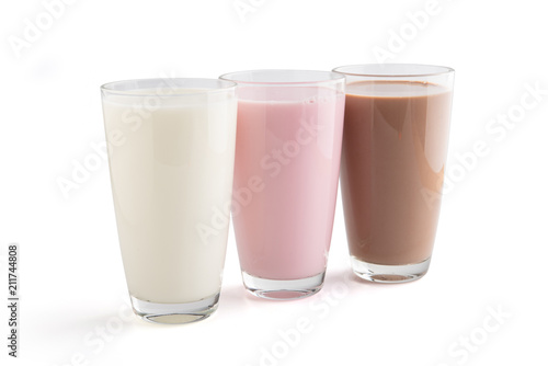 Strawberry, chocolate and fresh milk in a glass isolated on white, Top view, clipping path.