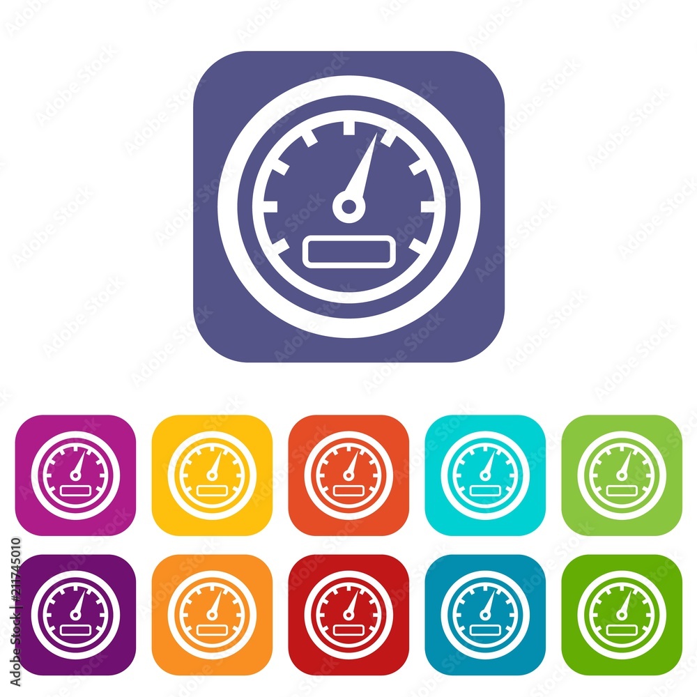Speedometer icons set vector illustration in flat style in colors red, blue, green, and other Speedometer icons set vector illustration in flat style in colors red, blue, green, and other