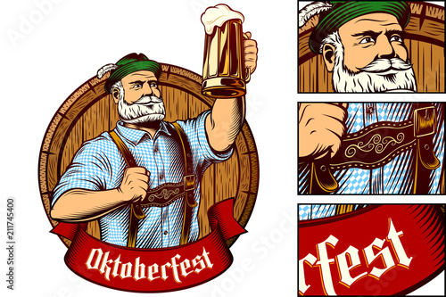 Bavarian man holds glass of beer near barrel. Traditional clothes Trachtenhut, Lederhosen, plaid Shirt. Ribbon with gothic lettering Oktoberfest. Vector graphic illustration in retro engraving style.