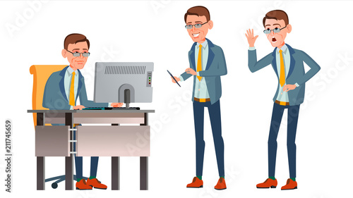 Office Worker Vector. Face Emotions, Various Gestures. Businessman Worker. Happy Job. Partner, Clerk, Servant, Employee. Isolated Flat Cartoon Illustration