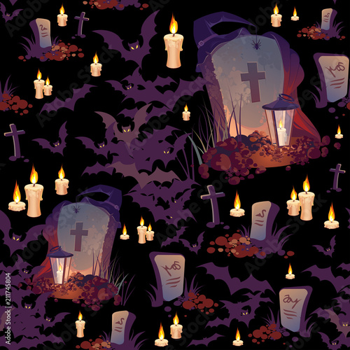 Seamless Halloween pattern with graves, bats, candles and lanterns on black background.