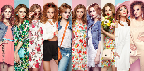 Fashion collage. Group of beautiful young women. Blonde young woman in floral spring summer dress. Girl posing. Summer floral outfit. Stylish wavy hairstyle. Fashion photo