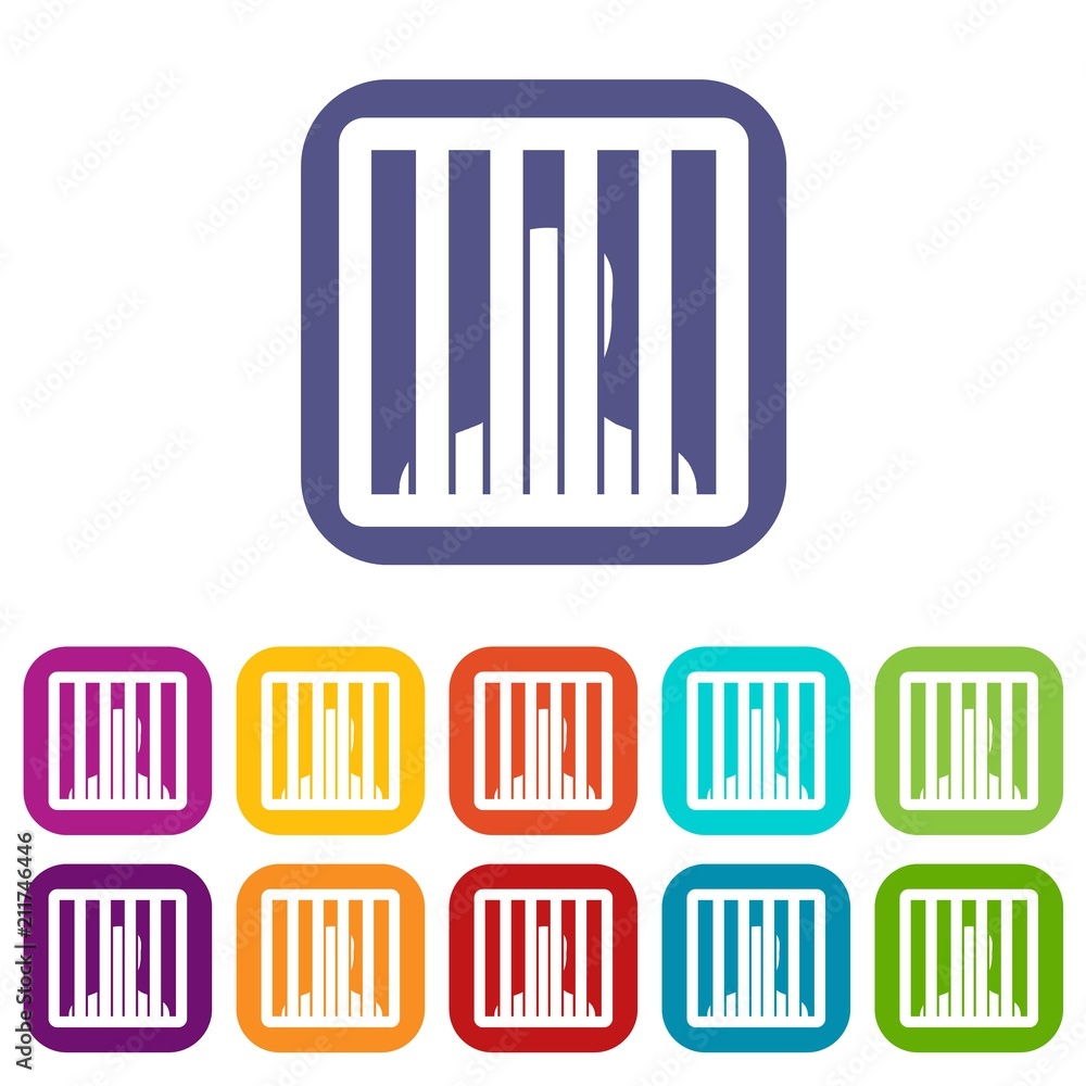 Man behind jail bars icons set vector illustration in flat style in colors red, blue, green, and other