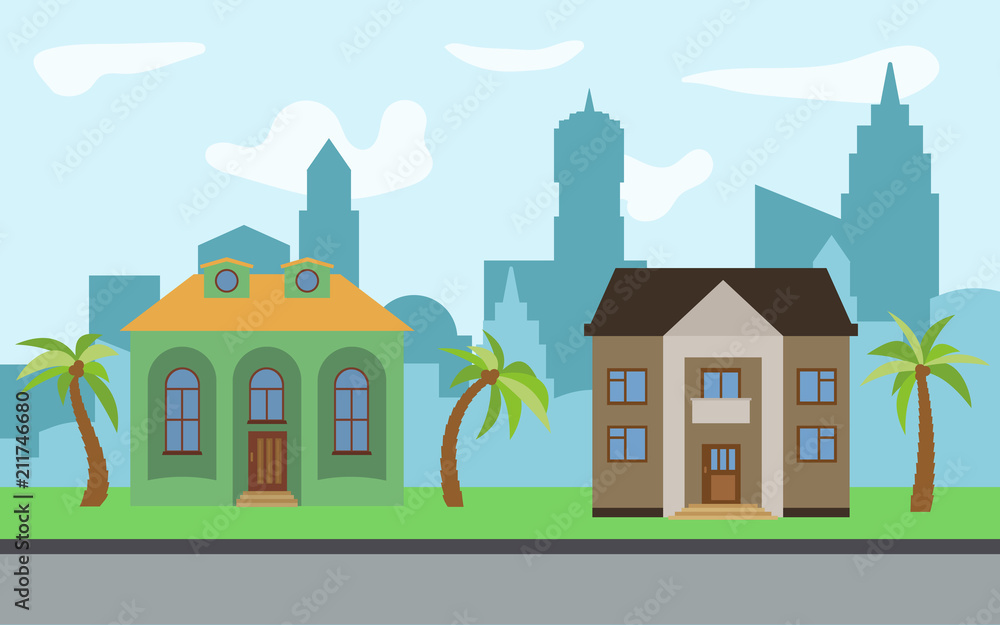 Vector city with two two-story cartoon houses and palm trees in the sunny day. Summer urban landscape. Street view with cityscape on a background
