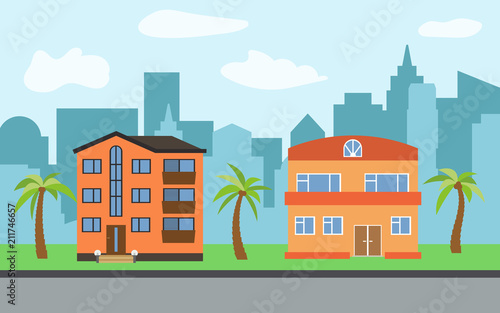 Vector city with three-story and two-story cartoon houses and palm trees in the sunny day. Summer urban landscape. Street view with cityscape on a background 