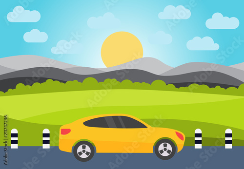Yellow car on the road against the backdrop of the hills and the rising sun. Vector illustration.  