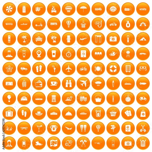 100 travel time icons set in orange circle isolated on white vector illustration