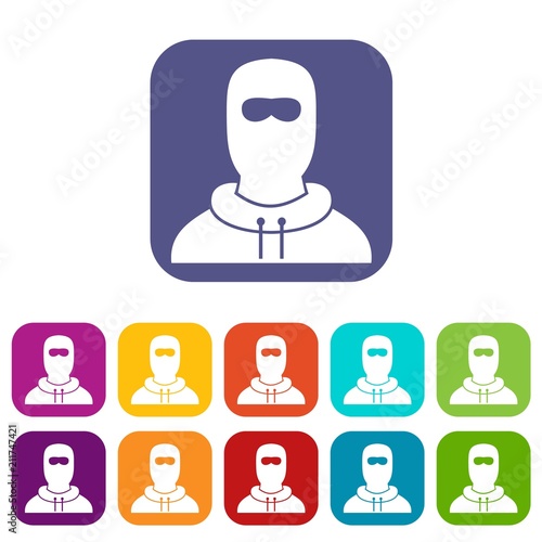 Man in balaclava icons set vector illustration in flat style in colors red, blue, green, and other