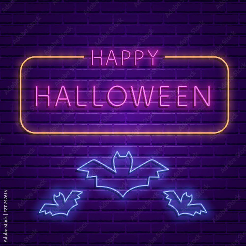 Happy Halloween party bright signboard with bats on brick wall background Happy Halloween party bright signboard with bats on brick wall background
