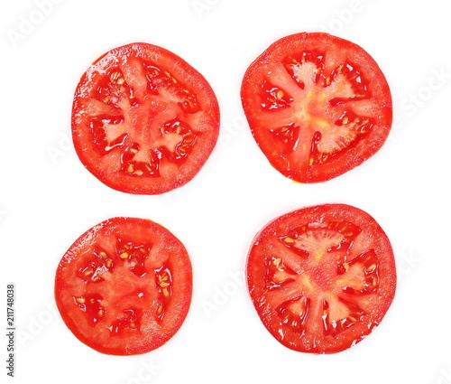 Fresh red tomato slices isolated on white background, top view