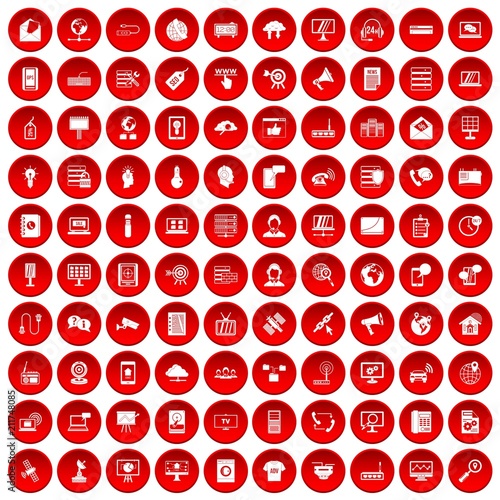 100 telecommunication icons set in red circle isolated on white vectr illustration