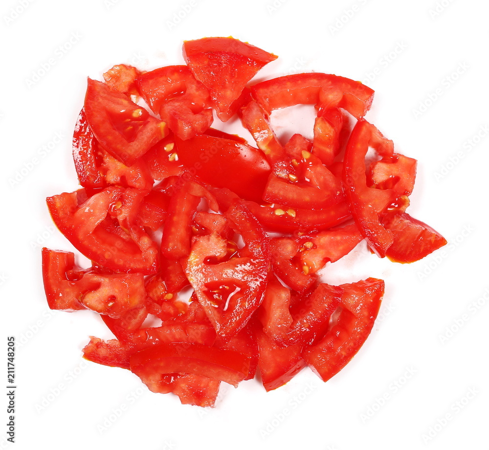 Fresh red tomato slices isolated on white background, top view Fresh red tomato slices isolated on white background, top view