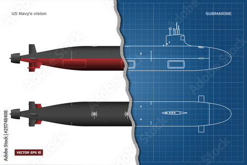 Blueprint of submarine. Military ship. Top, front and side view. Battleship model. Industrial drawing. Warship in outline style