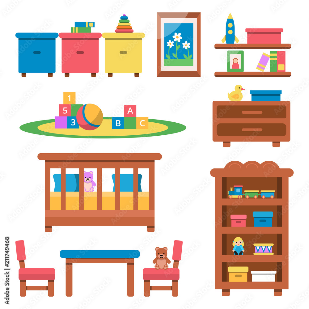 Vector flat illustrations of toys and furniture for preschool kids