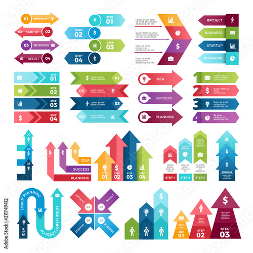 Colored arrows for design projects of infographics. Visualizations of steps. Pictures for business presentations