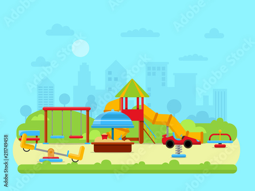 Vector illustration of urban landscape with park and childrens playground © ONYXprj