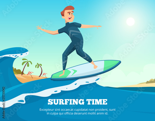 Surfer swimming. Dynamic illustration of surfer on the surfboard