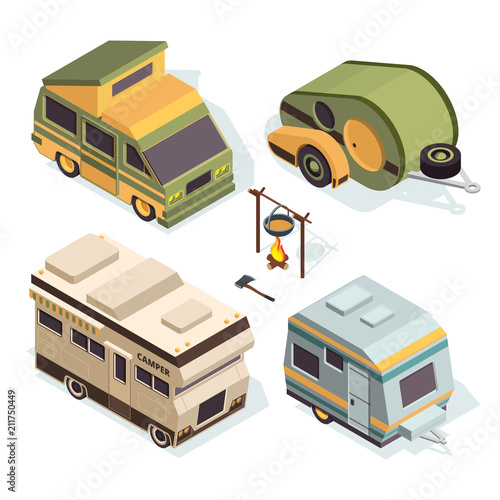 Isometric camping cars. Vector pictures isolate on white