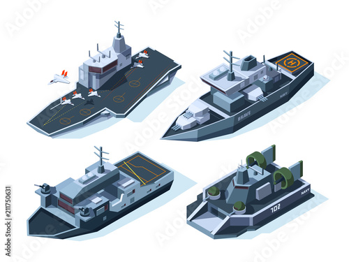 Military boats isometric. Vector american navy