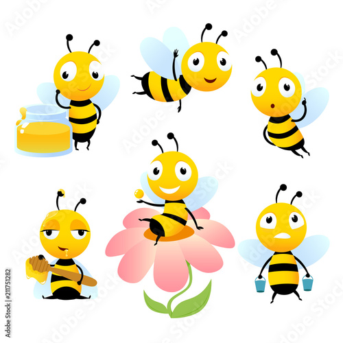 Cartoon bees. Funny illustrations of characters isolate