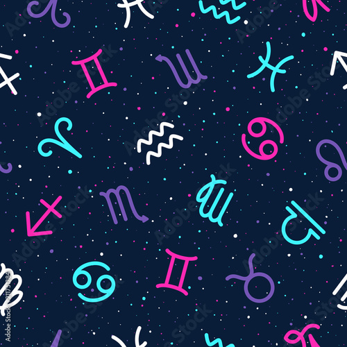 Zodiac signs seamless colorful vector background with tiny uneven dots texture. Zodiac icons astrological pattern with hand drawn speckles. Horoscope symbols colourful texture.