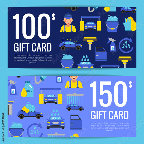 Vector discount or gift card voucher templates with car wash flat icons