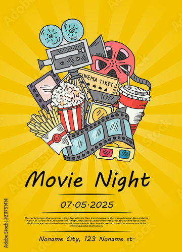Vector cinema doodle icons poster for movie night or festival on sunrays bacgkround illustration
