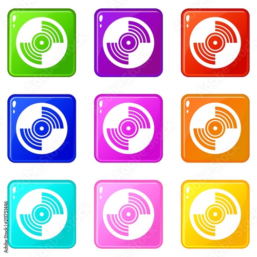 Gramophone vinyl LP record icons of 9 color set isolated vector illustration