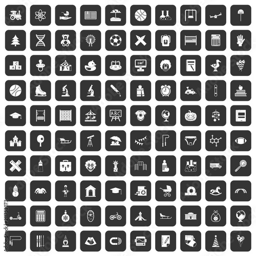 100 kids icons set in black color isolated vector illustration