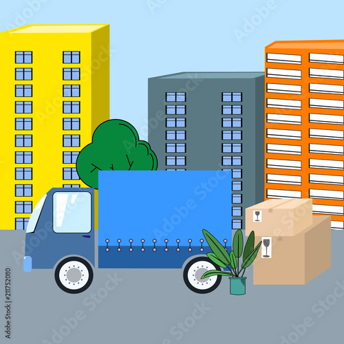 Moving track with cartoon boxes and plant with houses cartoon style vector illustration photo