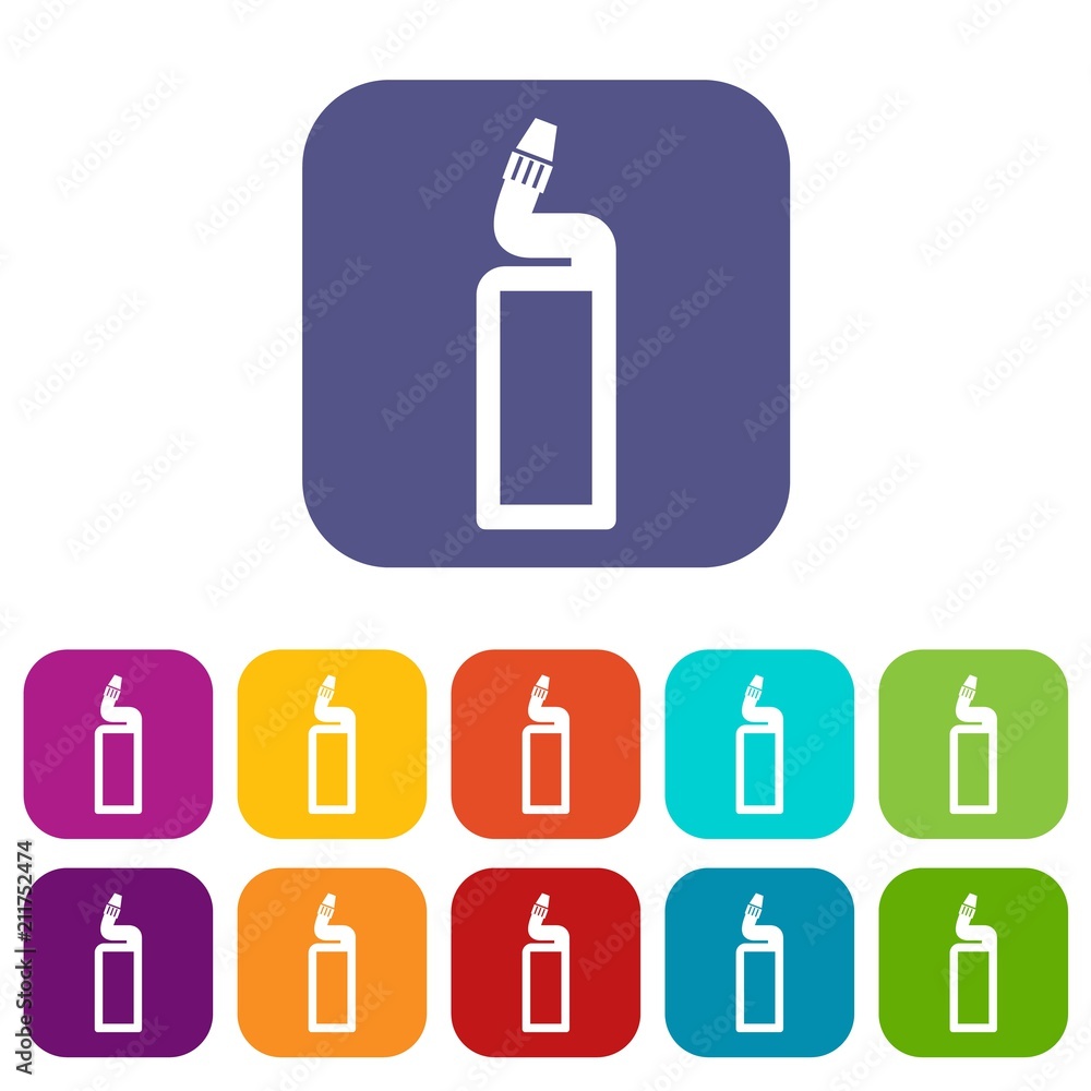 Plastic bottle of drain cleaner icons set vector illustration in flat style in colors red, blue, green, and other Plastic bottle of drain cleaner icons set vector illustration in flat style in colors red, blue, green, and other