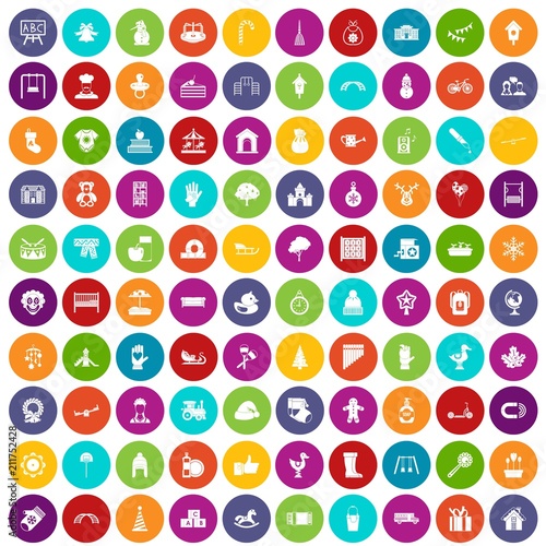 100 kindergarten icons set in different colors circle isolated vector illustration