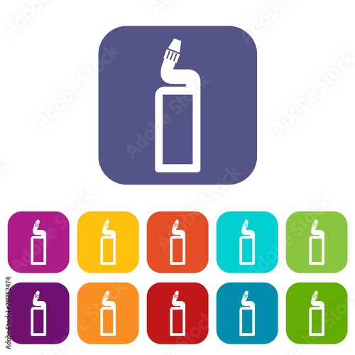 Plastic bottle of drain cleaner icons set vector illustration in flat style in colors red  blue  green  and other