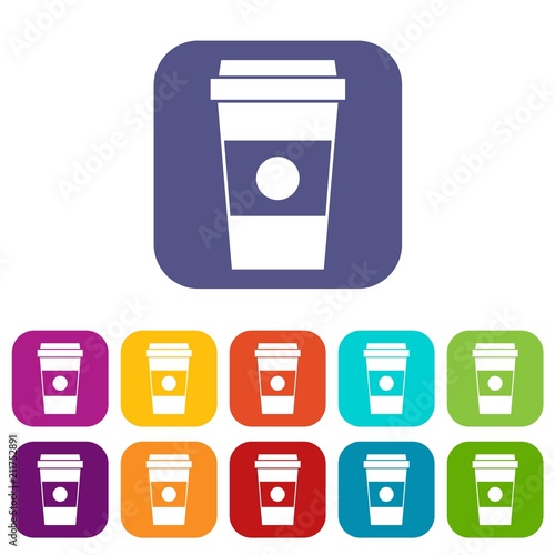 Paper cup of coffee icons set vector illustration in flat style in colors red, blue, green, and other