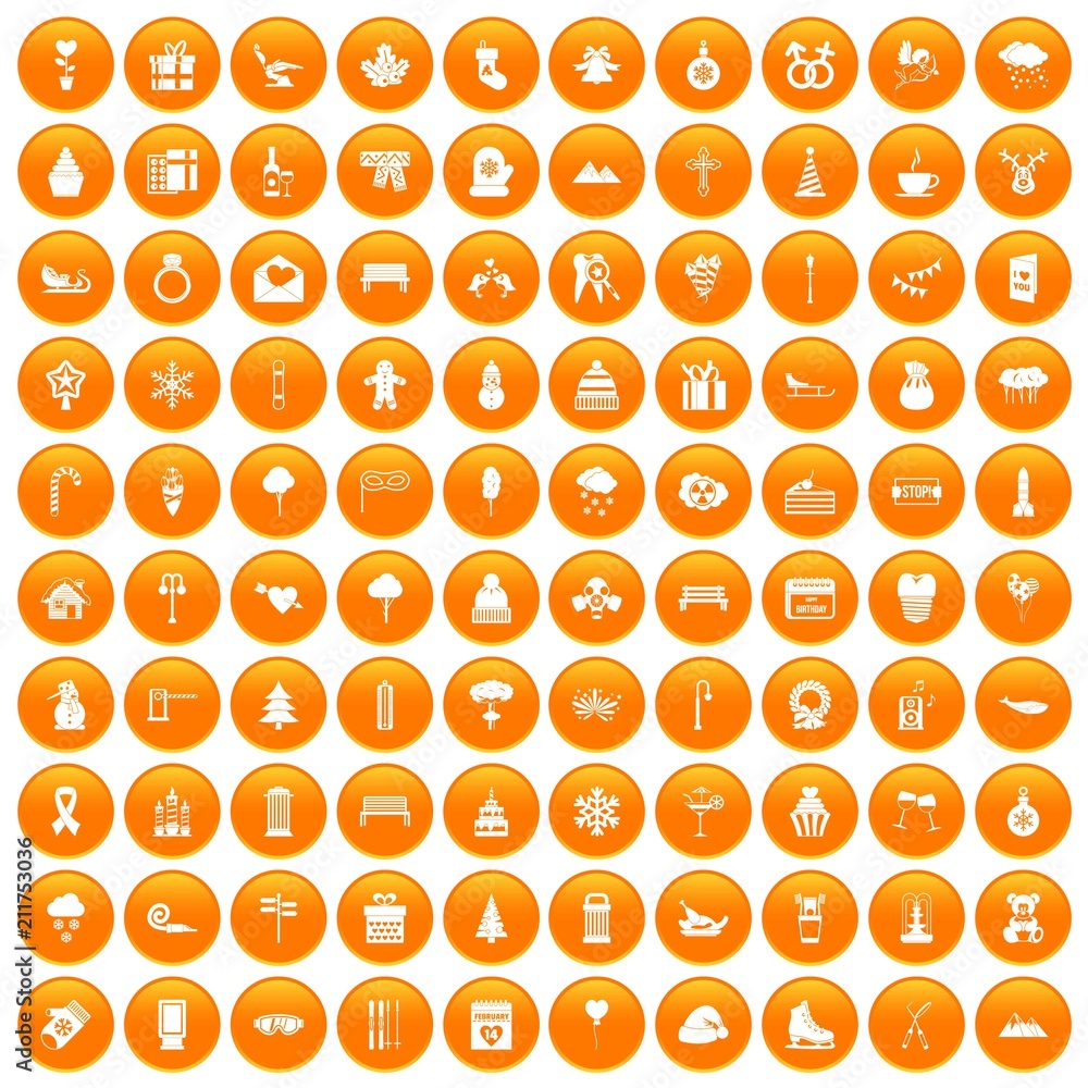 100 winter holidays icons set in orange circle isolated on white vector illustration
