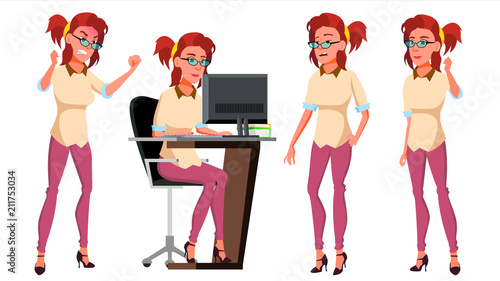 Office Worker Vector. Woman. Successful Officer, Clerk, Servant. Poses. Adult Business Woman. Face Emotions, Various Gestures. Isolated Flat Cartoon Illustration