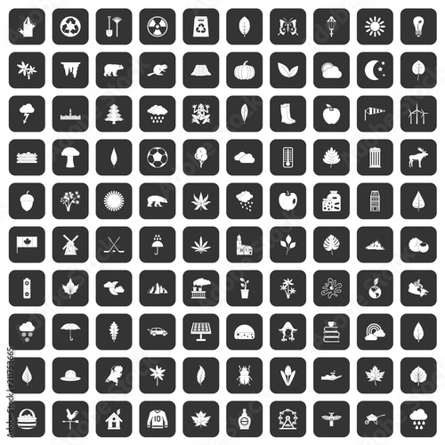 100 leaf icons set in black color isolated vector illustration