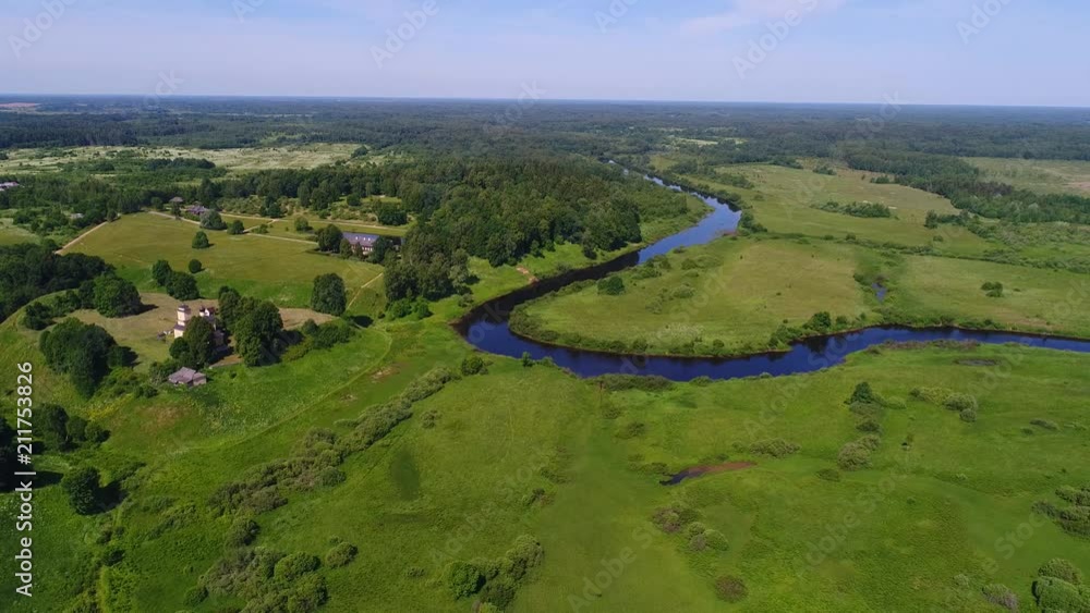 Panorama Trigorskoe and the river Sorot. Sunny June day. Pushkin Mountains. Russia Panorama Trigorskoe and the river Sorot. Sunny June day. Pushkin Mountains. Russia