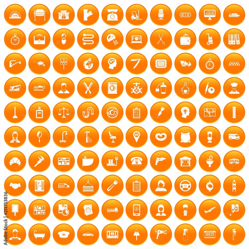 100 work icons set in orange circle isolated on white vector illustration 100 work icons set in orange circle isolated on white vector illustration