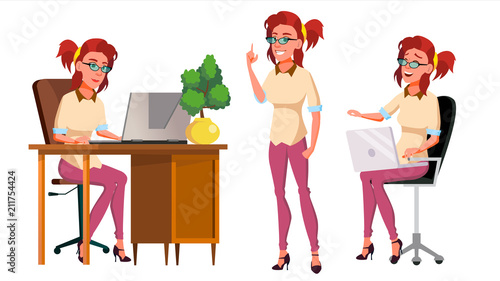 Office Worker Vector. Woman. Scene Generator. In Action. Happy Clerk, Servant, Employee. Front, Side View. Business Woman Person. Lady Face Emotions, Various Gestures. Flat Character Illustration