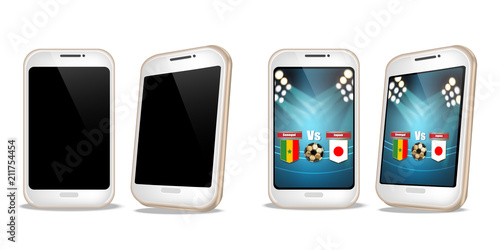 Smartphone with football score on screen Vector realistic. Sports betting online web banner templates
