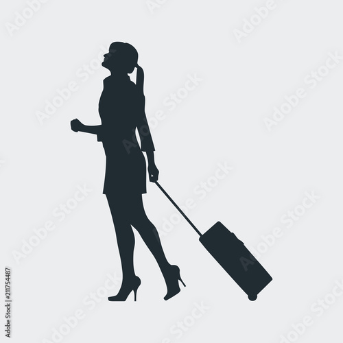Icono plano silueta mujer con maleta con ruedas en fondo gris