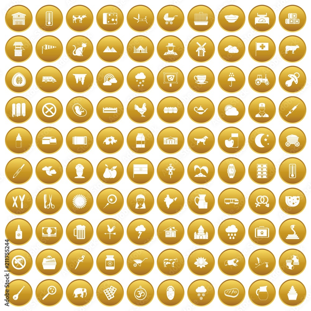 100 cow icons set in gold circle isolated on white vectr illustration 100 cow icons set in gold circle isolated on white vectr illustration