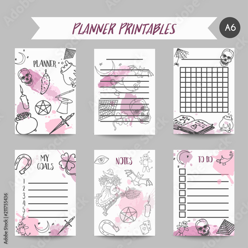 Hand drawn halloween printables template. Horror night planner. Spooky party organizer Vector