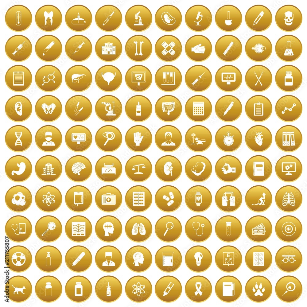 100 diagnostic icons set in gold circle isolated on white vectr illustration 100 diagnostic icons set in gold circle isolated on white vectr illustration