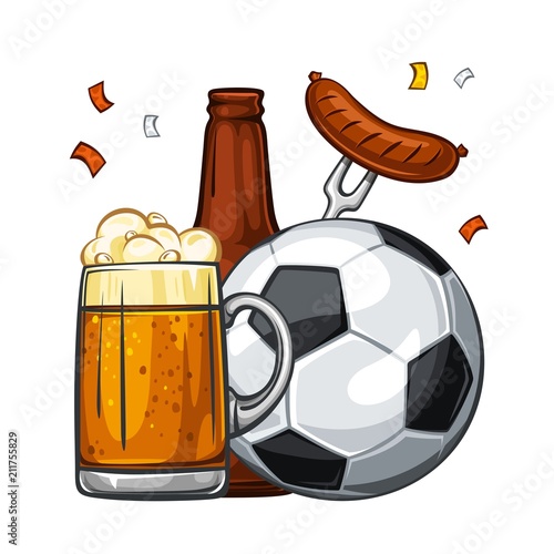 Vector colorful illustration of black soccer ball with beer. Soccer ball with glass of light beer with sausage and brown bottle, isolated on white background 1.1